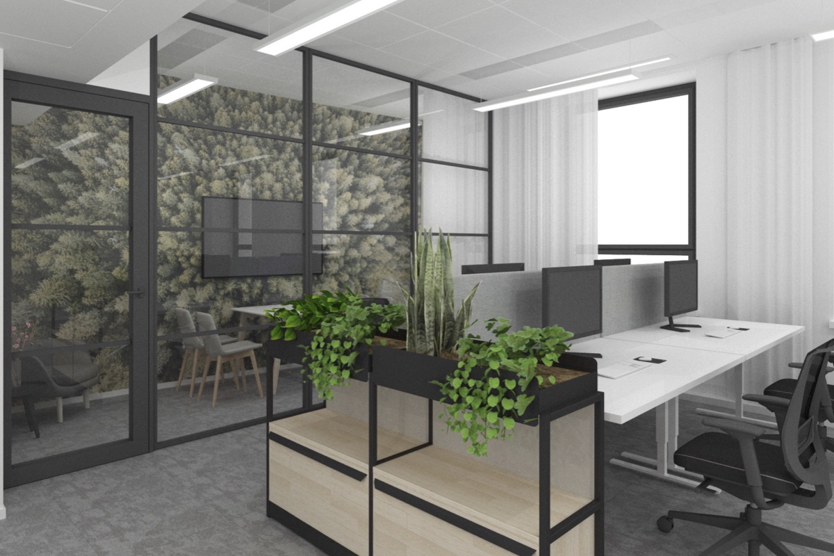 A computer visualisation of CTS-Nordics Helsinki office, showing planting and natural materials