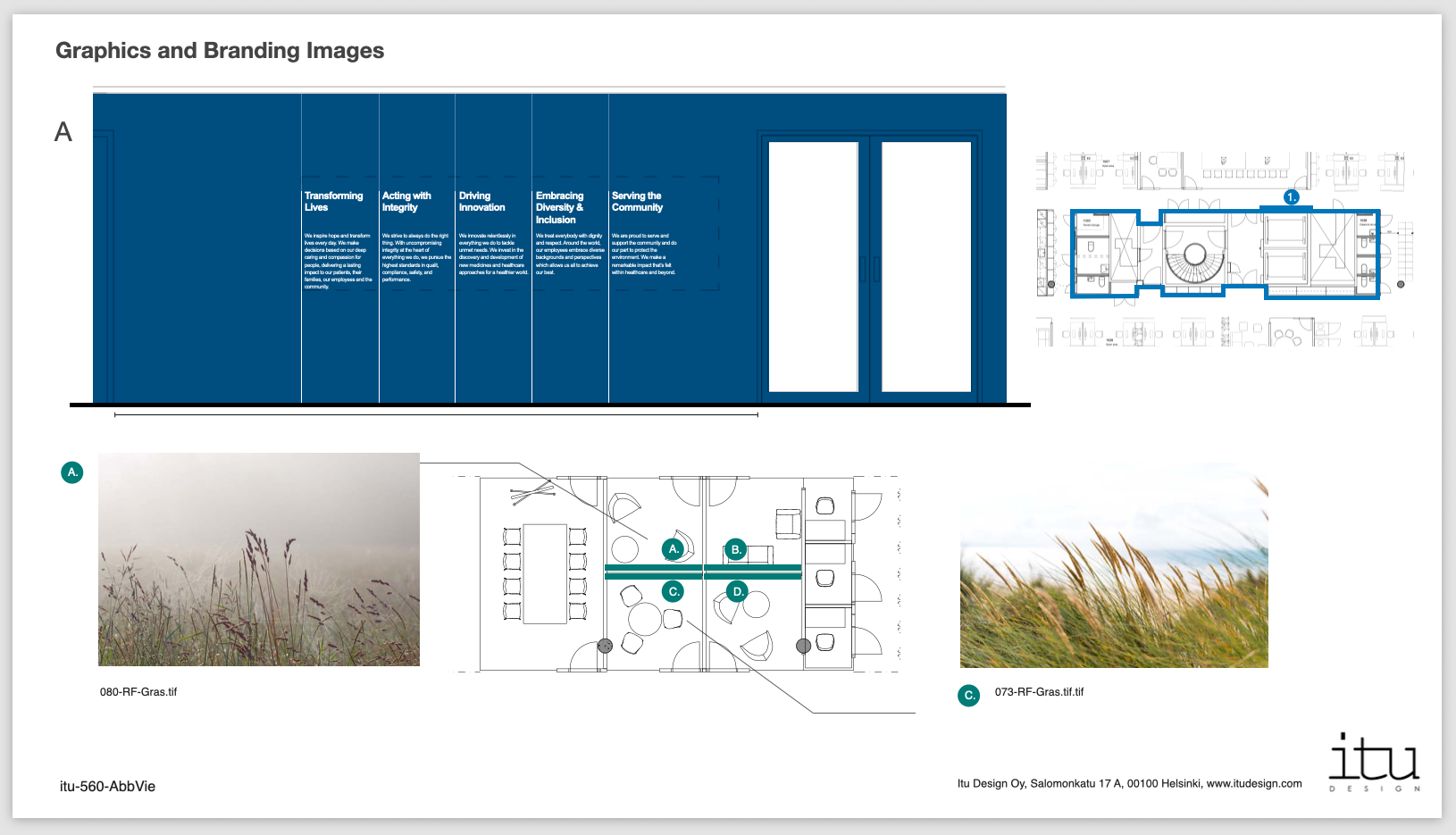 Development work showing branding design drawings for AbbVie workplace in Finland