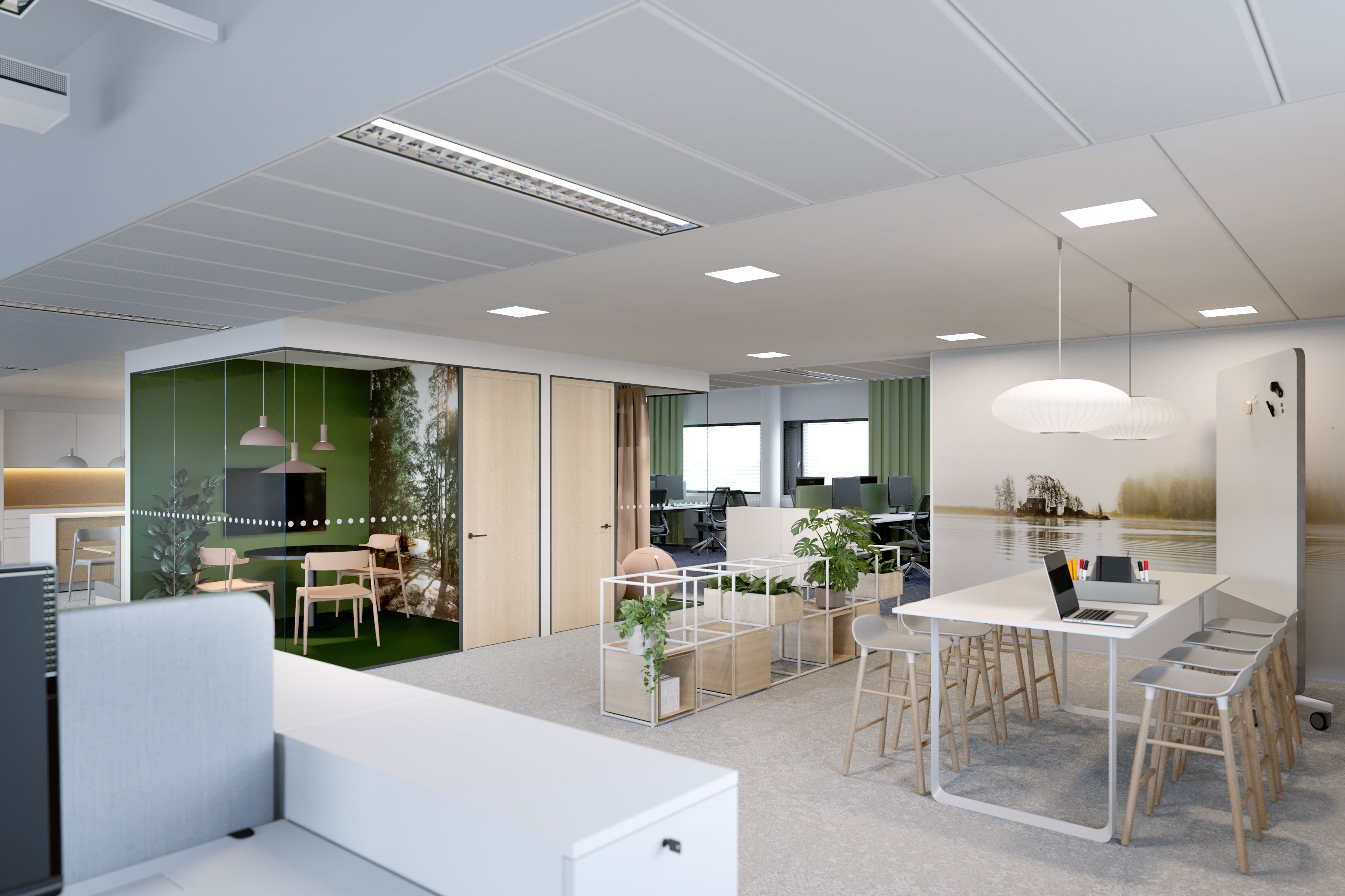 A computer generated image of a refurbished office interior showing a variety for working zones and furniture