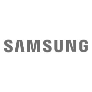 Samsung logo, grey text on a clear background