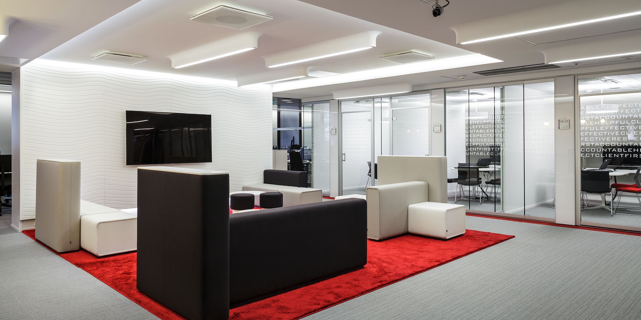 Photograph of the interior of Euroclear Helsinki's office in corporate colours